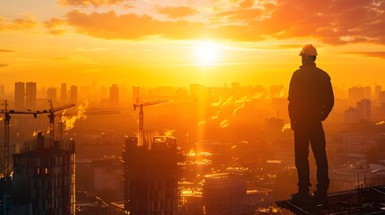Fototapeta premium Hardhat Worker Silhouette at Twilight Overlooking Cityscape with Construction Cranes