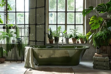 Paint Bathroom with Scandinavian Style Interior, Metal Bathtub, Wood Furniture, and Bright Natural Light