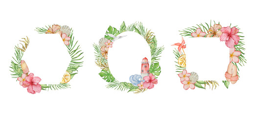 Watercolor tropical frames set with flowers and leaves