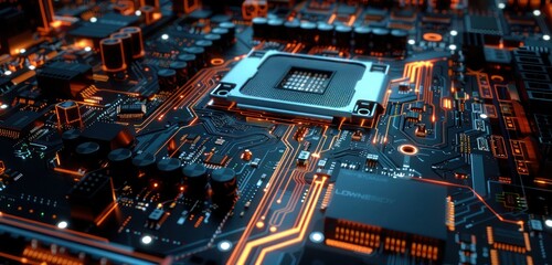 Abstract layout of a digital motherboard with glowing circuits and futuristic elements, ideal for technology themes.
