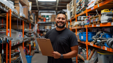 Fototapeta premium A happy hispanic man in black tshirt with beard holding clipboard in superstore