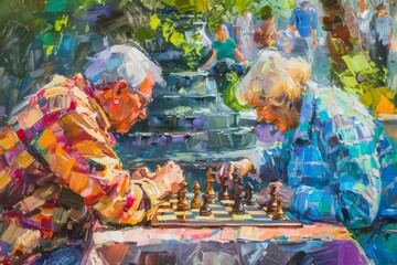 Fototapeta premium In a lively city park, old people gather to play chess, the peaceful setting, dotted with benches and greenery, provides a perfect backdrop for their strategic and social game