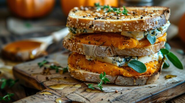 Baked Pumpkin Sandwich With Dorblu Cheese, Blue Mold, Honey, And Thyme, A Gourmet Treat