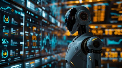 Fototapeta premium A robot standing in front of stock market charts, in a futuristic and high-tech style