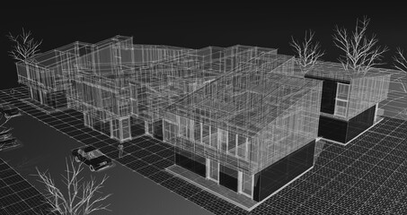Townhouse architectural sketch 3d illustration