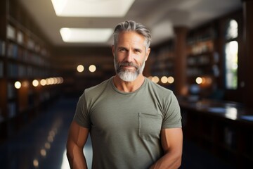 Portrait of a happy man in his 50s dressed in a casual t-shirt over classic library interior