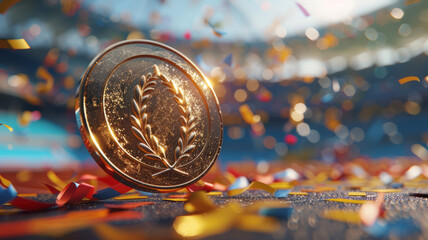Gold medal with laurel wreath surrounded by colorful confetti
