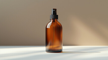Fototapeta premium cosmetic amber glass bottle with sprayer on white background natural organic perfume packaging design.