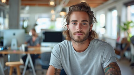 Obraz premium a young handsome man wearing a gray t-shirt in office