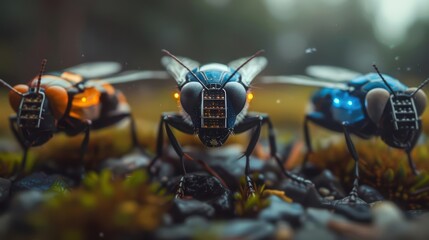 Fototapeta premium Insects with microcameras embedded in their exoskeletons offer a unique perspective on the world, turning every flight into a cinematic journey, with copy space