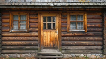 Cabin Door. Wooden House Architecture with Ecological Entrance and Window