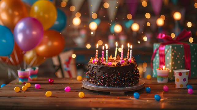 Delicious chocolate birthday cake with lit candles on a wooden table. Colorful balloons, gifts, cups, and streamers decorate the background, creating a festive atmosphere.