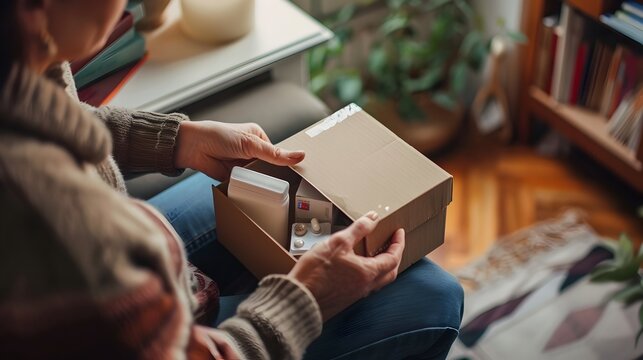 Patient Unboxing Delivered Healthcare Medications at Home for Convenient Treatment