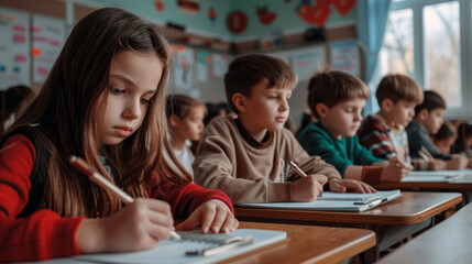 Obraz premium A group of children are sitting at desks and writing in notebooks