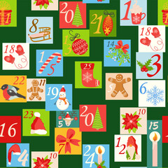 Christmas advent calendar seamless pattern with gnome, candy kane, mistletoe, cookies, holiday, candle, gift, box, Christmas wreath, boots, Christmas tree toy