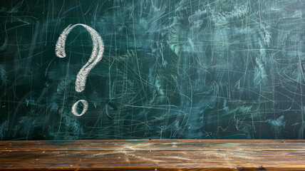 Question mark on a chalkboard with a wooden surface below.