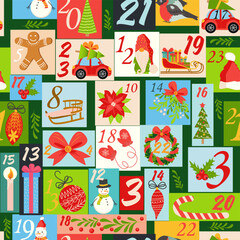 Christmas advent calendar seamless pattern with gnome, candy kane, mistletoe, cookies, holiday, candle, gift, box, Christmas wreath, boots, Christmas tree toy