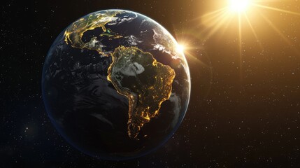 Move Around. Realistic Earth at Night with Sun Flares around Africa and Asia