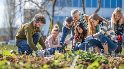 A community clean-up event with people of all ages working together, showing unity and civic pride, community clean-up, all ages, unity, civic pride, connection, engagement, with c