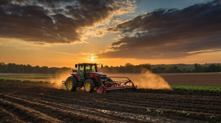 Fototapeta premium farmer plowing his fields at sunset