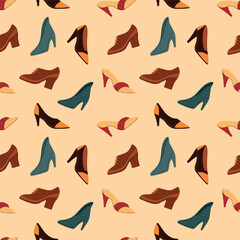 Obraz premium Seamless vector pattern featuring various women's shoes. Stylish and trendy fashion illustration.