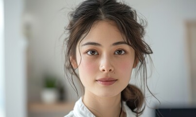 Naklejka premium happy korean business woman manager at office meeting. smiling female hr hiring recruit at job interview