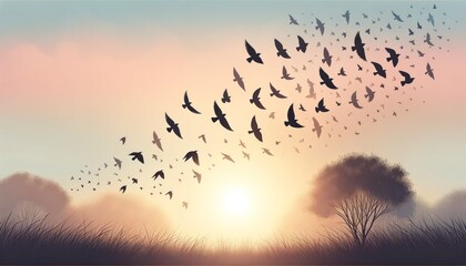 Flock of birds flying at sunrise