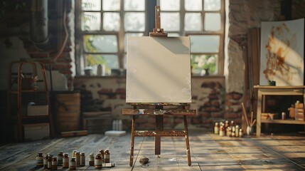 Antique Wooden Easel with Empty Canvas,Paint Tubes,and Brushes in Rustic Studio Space