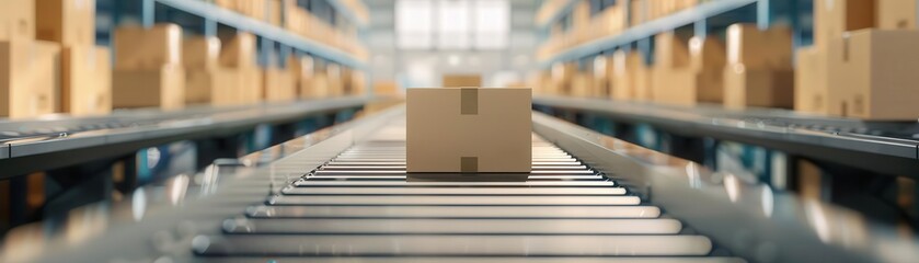 Empty cardboard boxes moving on a conveyor belt, detailed warehouse setting with industrial elements, Warehouse Machinery, Supply Chain Efficiency