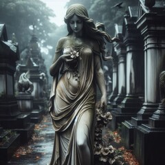 Statue of Woman in Rainy Cemetery