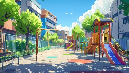 Fototapeta premium Empty Playground in an green Urban Japanese Neighborhood, cartoon