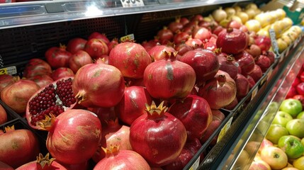 Fresh pomegranates in a supermarket display