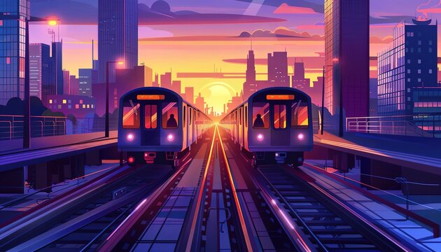 Cityscape With Two Trains Running on Parallel Tracks During Sunset, cartoon