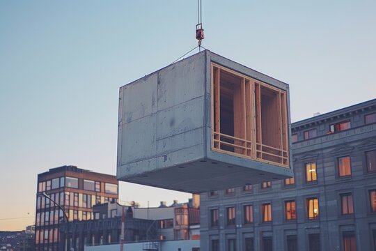 A concrete cube with wooden frames is being suspended from the top of an office building in downtown Thumbling