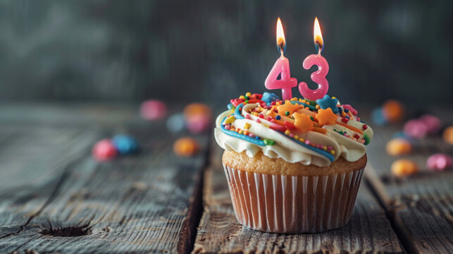 Forty-third birthday celebration with a yummy cupcake decorated with number 43 candles. It's on a wooden surface, with space for a message.
