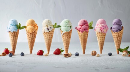 A variety of ice cream cones with different flavors and colors.