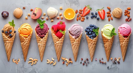 A variety of ice cream cones with different flavors and colors.