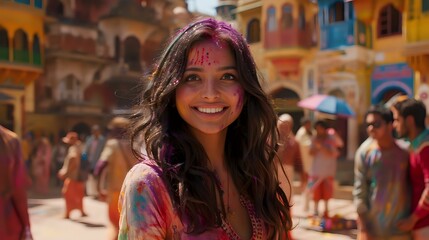 Fototapeta premium A young woman smiles joyfully, covered in vibrant colored powders, during a lively Holi festival celebration in India. The background is filled with colorful buildings and people partaking