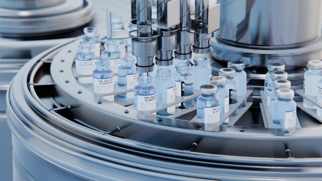 Drug manufacturing process. Line with medical ampoules line at a modern pharmaceutical plant. Pharmacology production, medicine industry from laboratory factory, pharmacy. Healthcare pharma 3D render