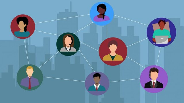 Illustration, city and people with connection for call center, consultation, and communication. Abstract, network and clients for customer support or service graphic, crm advisor and telemarketing