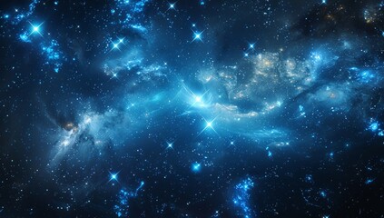 A dark blue background with stars and nebulae depicting the night sky and outer space.