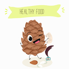 Cute pine nuts, characters, cedar cone, funny nuts, with different activities, outdoor, sports, musical instrument.