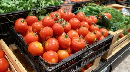 Tomatoes displayed in a basket at a supermarket