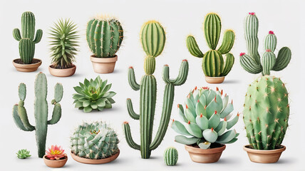 Fototapeta premium Collection set of cactus plants in pots. Vector illustration. . Isolated white background