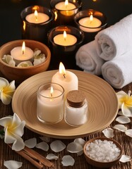 A serene spa setting with flickering candles, plush towels, fragrant essences, and scattered flower petals.