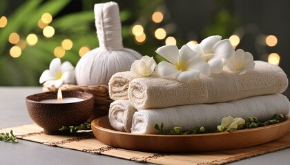 Obraz premium Envision a tranquil spa ambiance with soft candlelight, luxurious towels, aromatic scents, and delicate petals strewn about.