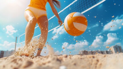 Beach volleyball, friends and women playing in the sand and summer sun. Fitness, diversity and sports on holiday in Brazil, woman team jumping for ball. Volley ball, bikini and a ball game at the sea