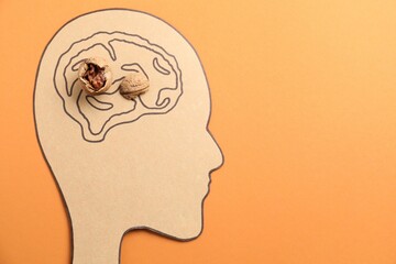 Amnesia problem. Paper cutout of human head, brain drawing and broken walnut on orange background, top view. Space for text