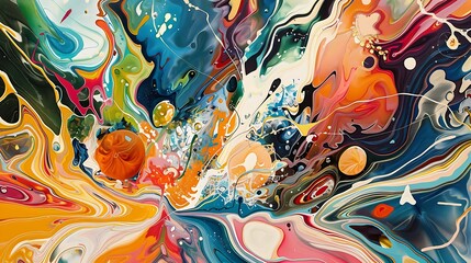 The canvas becomes a playground for vibrant expression, as abstract forms mingle with playful splashes of liquid joy, weaving a tapestry of color and texture.