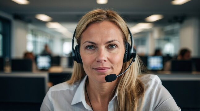 Lachende Frau mit Headset Telefon Call Center secretary